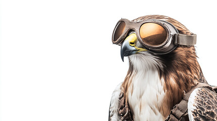 A fierce hawk adorned with aviator goggles, perched against a bright white background, allowing for ample text space above
