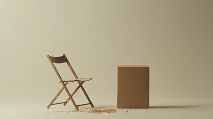 A damaged folding chair is positioned next to an empty box accompanied by crumbs scattered on a tidy minimalistic surface