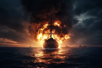 Obraz premium A historic ship is depicted engulfed in dramatic fiery flames with smoke rising, conveying intense drama, history, conflict, and the power of nature in a maritime scene.