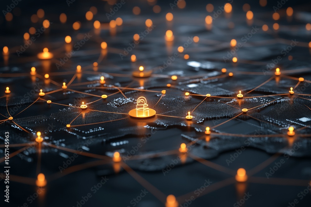 Poster a futuristic depiction of a digital network with interconnected pathways highlighted by an illuminat