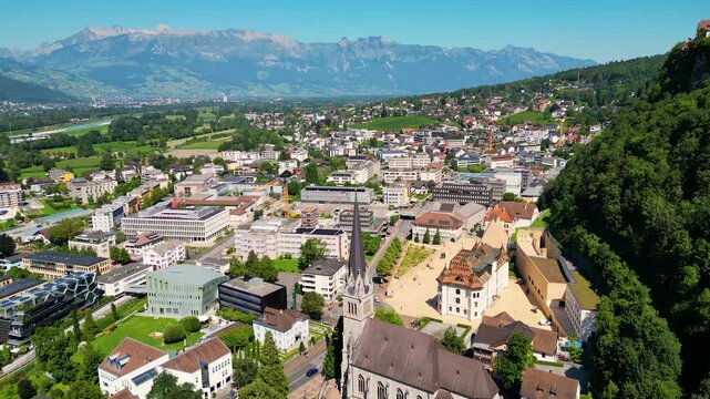 High angle Drone Point of View on Vaduz, Capital of Liechtenstein, flying fowards