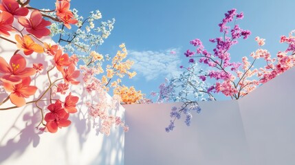 Blue sky, white wall, colorful blossoms 