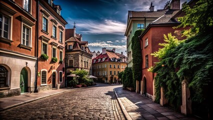 Obraz premium Old Town Street in Warsaw - Vibrant HDR Photography of Historic Architecture and Cobblestone Paths