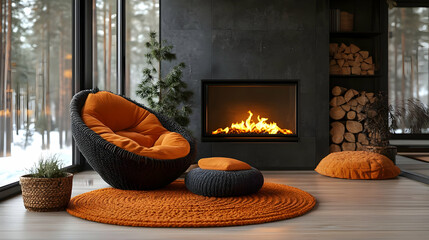 Cozy Living Room Interior Design with Fireplace and Orange Chair - 3D Illustration