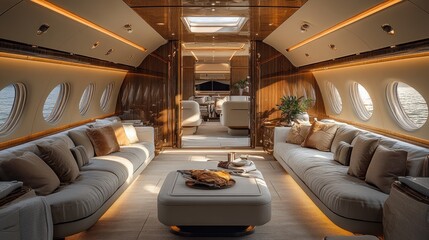 Fototapeta premium Luxurious interior of a private jet with elegant furnishings.