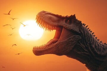 A massive roaring dinosaur stands against a brilliant sunset, with various flying pterosaurs in the...