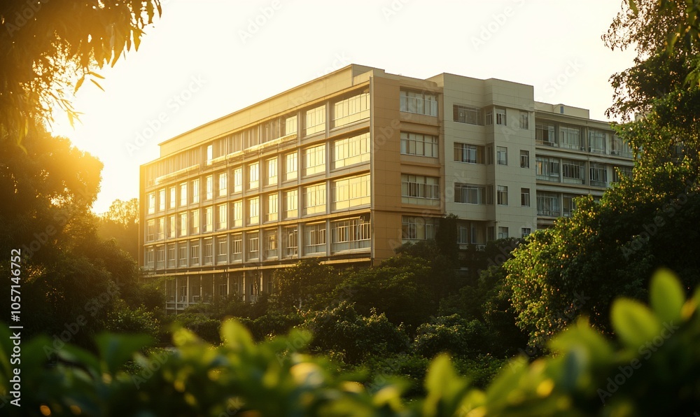 Poster a modern building with large windows is framed by lush greenery and bathed in the warm glow of the s