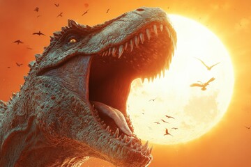 A towering dinosaur roars against a bright sun while flying reptiles soar above, creating an intense and dynamic prehistoric scene full of energy and life.