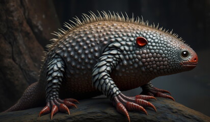 Obraz premium a lizard with a red eye and a red dot on its head.