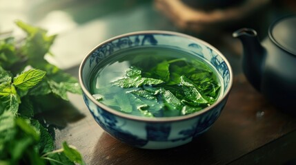 A bowl filled with green tea accompanied by fresh mint leaves placed on a table