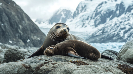 A fur seal mother and her pup nestled together on a rocky shoreline, with snow-covered mountains in the background