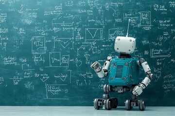 A humanoid robot is seen writing complex mathematical equations on a green chalkboard in a classroom environment, emphasizing education and AI learning technology.