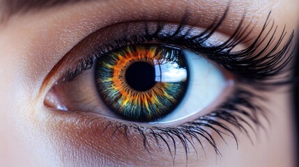 A woman's eye with a green iris and black lashes