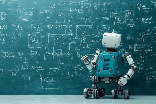 A humanoid robot is seen writing complex mathematical equations on a green chalkboard in a classroom environment, emphasizing education and AI learning technology.