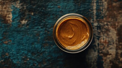 Aerial view of a jar of peanut butter set against a textured backdrop