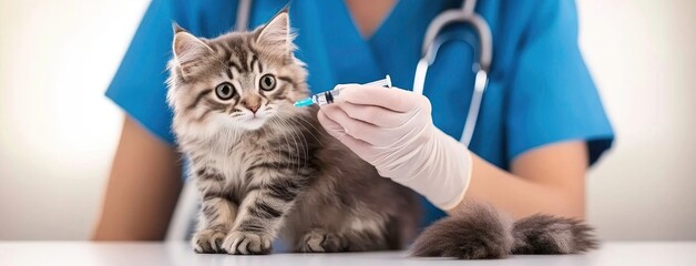 A caring veterinarian in blue uniform provides emergency care to a cat in a bright clinical setting, capturing the essence of animal welfare