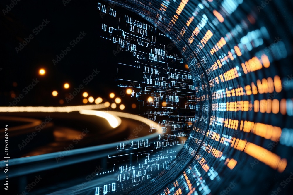 Poster this image captures a futuristic view of a digital data stream with vivid glowing lights, surrounded