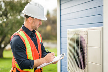 technician working on air conditioning or heat pump outdoor unit