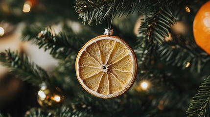 A close up view of a dried orange slice ornament suspended on a Christmas tree enhancing the natural and festive appeal of the decoration