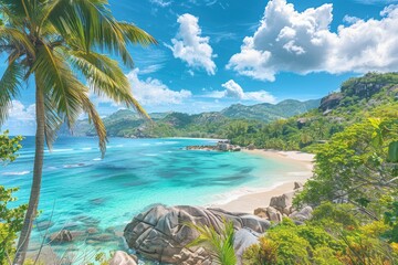 Obraz premium Tropical Beach with Palm Tree, Clear Water, and Lush Green Hills