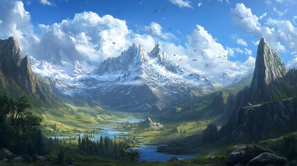 Naklejka premium A breathtaking landscape featuring majestic mountains, lush valleys, and a serene river under a bright sky.