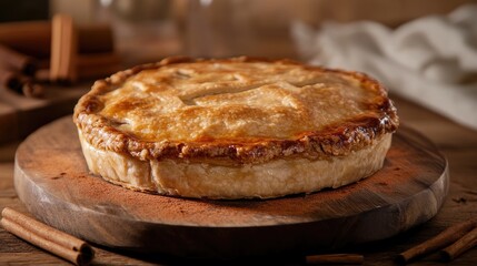 Apple pie on a wooden board with cinnamon featuring a food background and ample copy space for design use