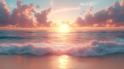 Fototapeta premium Serene sunset over ocean waves with colorful clouds.