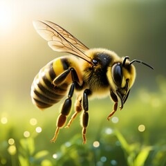 A stunning bee is flying, isolated on transparent background, macro, incredible pollinator, generative AI
