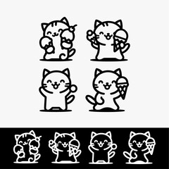 ICON CAT ICE CREAM cute line art vector black and white 