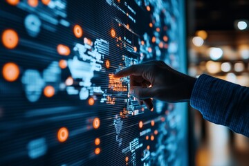 A person's finger interacts with a world map on a digital screen, manipulating glowing markers, representing global communication and innovative technology.