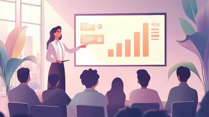 Vector illustration of a business presentation: a speaker introduces analytics to a focused group in a contemporary office with calming pastel accents
