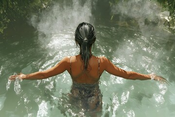 Fototapeta premium A serene woman enjoys a relaxing soak in a steamy hot spring, surrounded by lush greenery and swirling water.