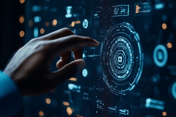 A finger touches a circular digital interface, symbolizing advanced technology, user interaction, and futuristic navigation in a virtual environment.