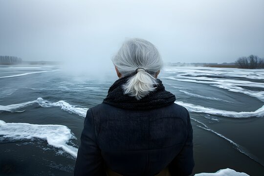 A elderly woman with gery hair stands on a frozen lake, with icy waves and a misty atmosphere, embodying solitude and the beauty of winter.