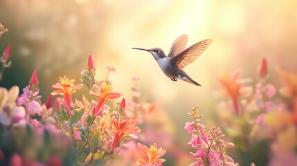 A hummingbird hovering near bright flowers, wings a blur, with a soft, dreamy background