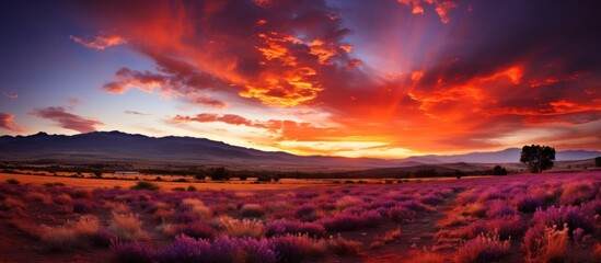 A vibrant sunset over a field of purple flowers and mountains in the background.