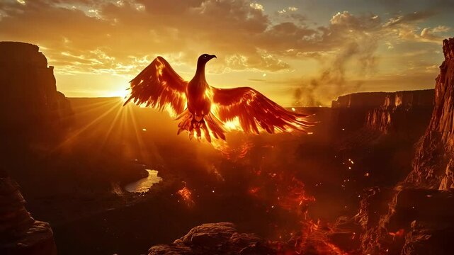 Majestic firebird with vibrant orange wings spreads its wings, preparing for flight from a stone wall against a stunning sunset backdrop, embodying power and freedom