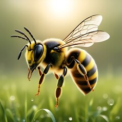 A stunning bee is flying, isolated on transparent background, macro, incredible pollinator, generative AI
