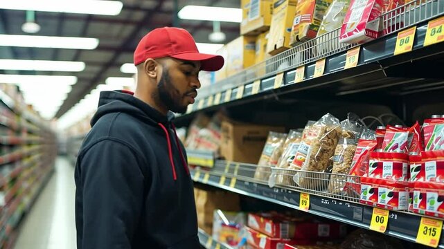 This shopper reviews a selection of snacks while browsing in a grocery store.