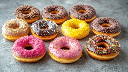 Assorted colorful donuts arranged on a gray concrete surface perfect for a party food theme with plenty of space for text