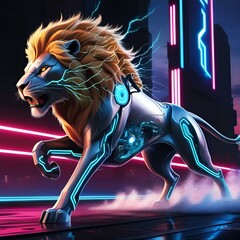 Digital bear transforming and evolving into a roboticcyberpunkinspired cyborg figure surrounded.
