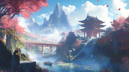Obraz premium A serene landscape featuring mountains, a bridge, and traditional architecture amidst vibrant autumn foliage.