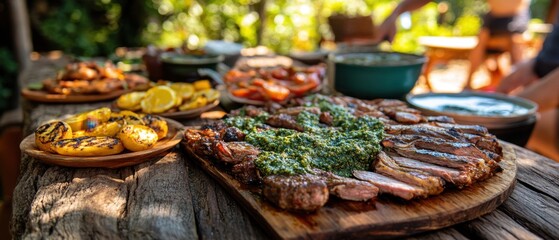 Argentine asado with grilled meats chimichurri and fresh sides in rustic outdoor setting