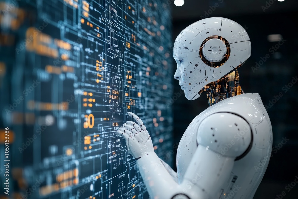 Poster a detailed image of a humanoid robot intensely analyzing a complex digital display, showcasing the i