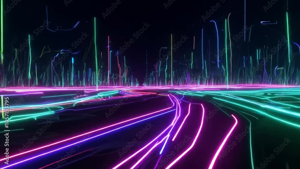 Sticker neon strings abstract glowing background ultra 3d night highway violet lines reality speed space vir