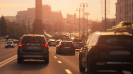 Autumn landscape and view of the road with cars. Orange evening sun and reflections on cars.