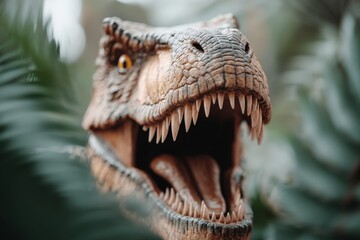 Fototapeta premium A snarling dinosaur, teeth bared, peers from lush green foliage, capturing the primal ferocity of ancient wildlife and evoking nostalgia for prehistoric times.