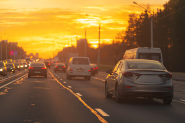 Autumn landscape and view of the road with cars. Orange evening sun and reflections on cars.