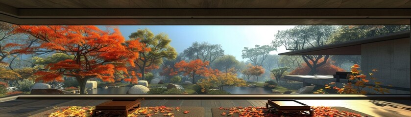 A view of a forest with trees in autumn colors