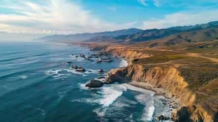 Aerial perspective of rocky coastline with ocean waves crashing against the shore